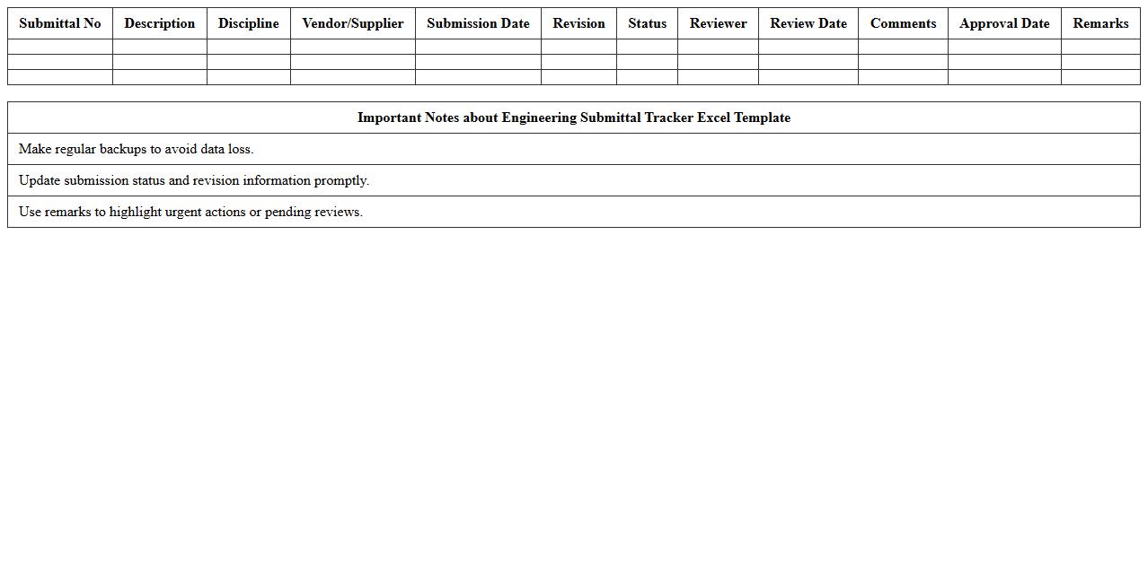 Engineering Submittal Tracker Excel Template