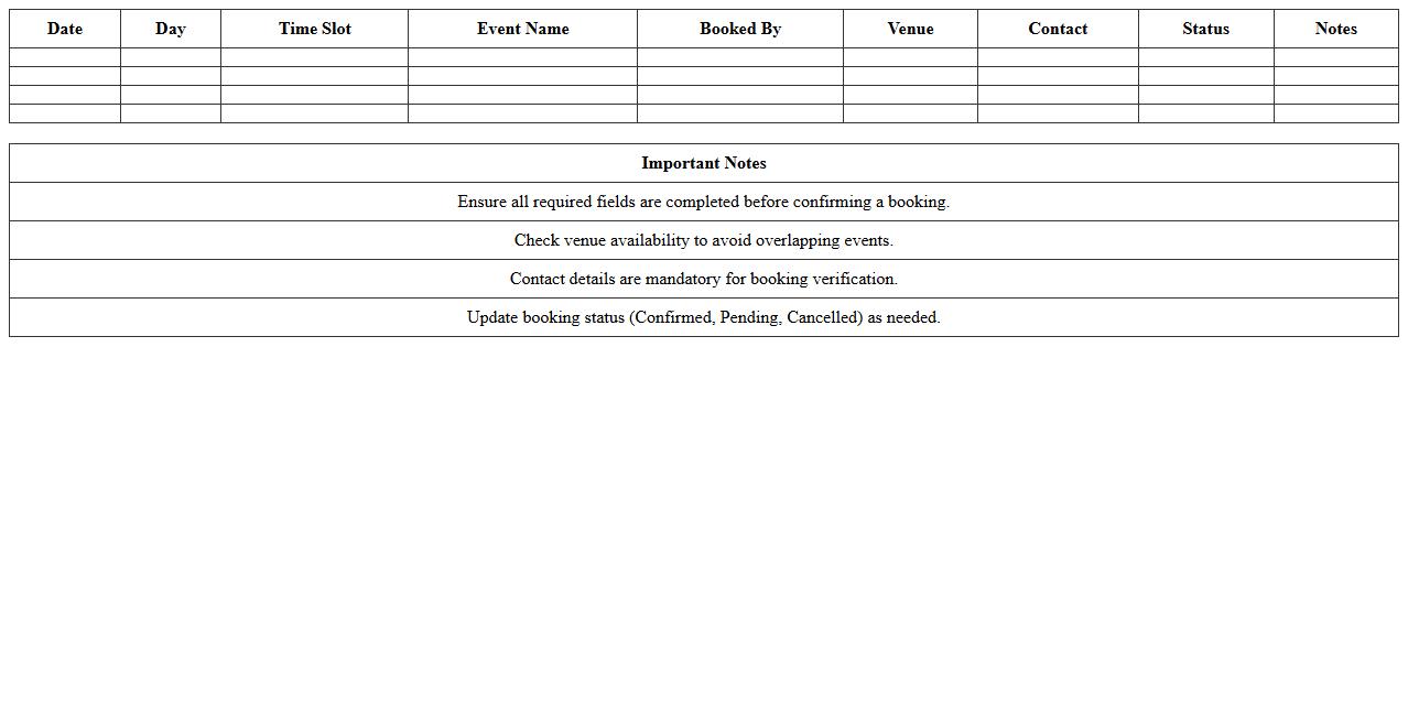 Event Venue Booking Schedule Spreadsheet