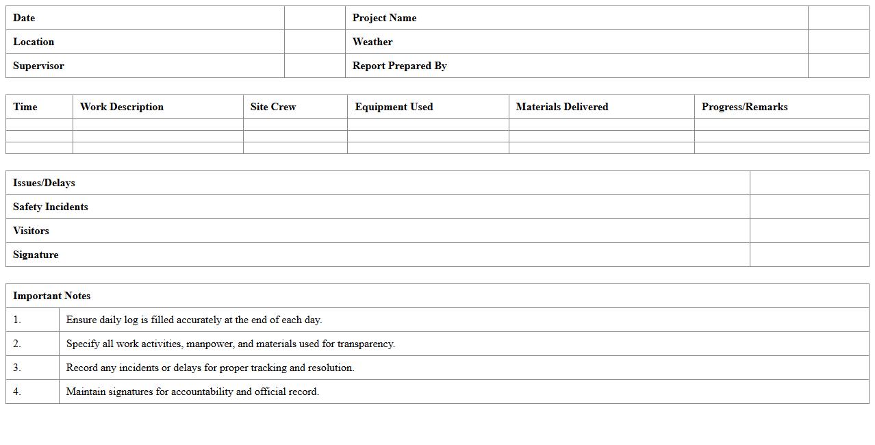Excel Construction Site Daily Progress Log
