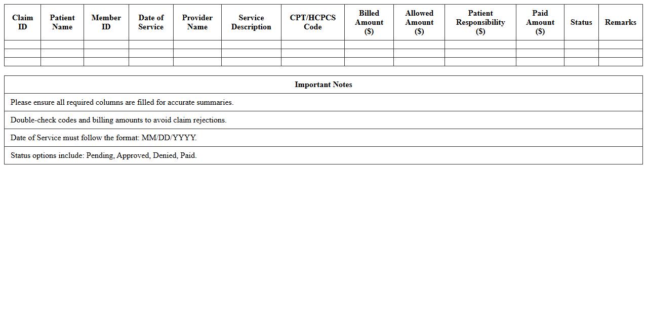 Excel Template for Healthcare Claims Summary