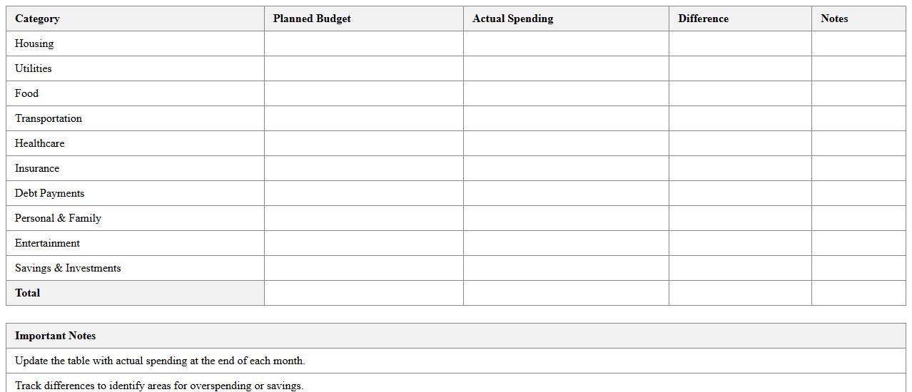 Family Monthly Budget Comparison Table