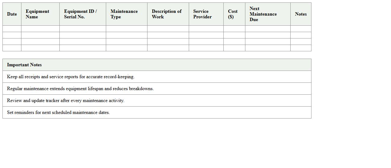 Farm Equipment Maintenance Expense Tracker Excel Template