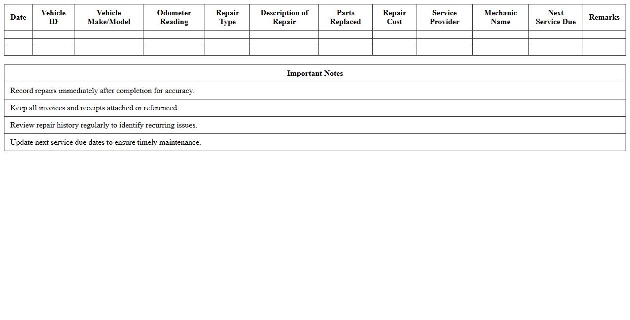 Fleet Repair History Record Template