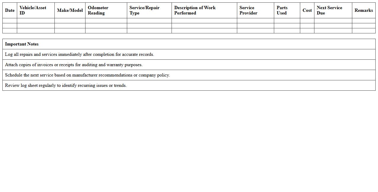 Fleet Repair & Service Log Sheet