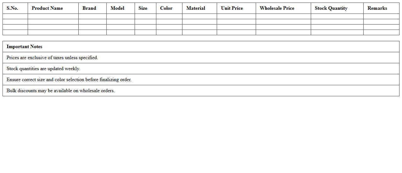 Footwear Product Price List Excel Format