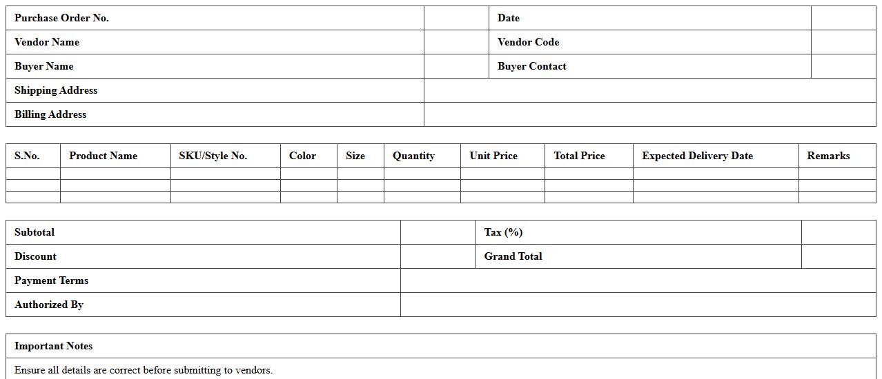 Footwear Retail Purchase Order Excel Template for Vendors