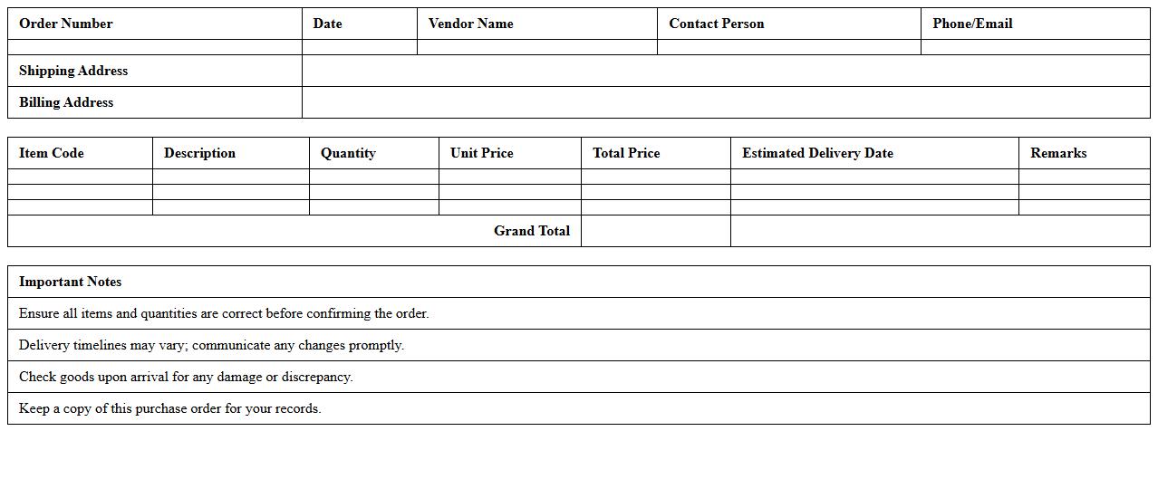 Furniture Retail Purchase Order Excel Template for Vendors