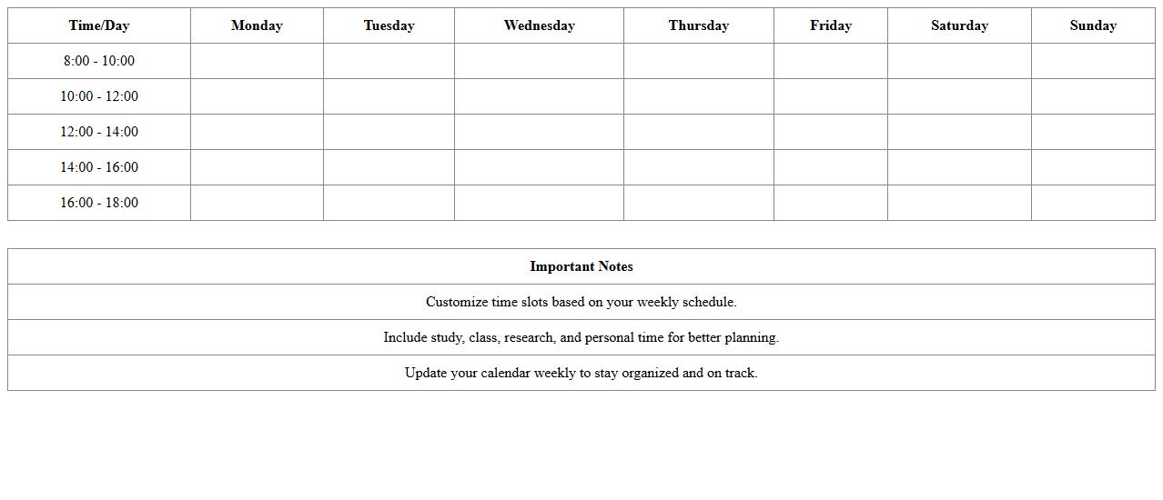 Graduate Program Weekly Calendar Template