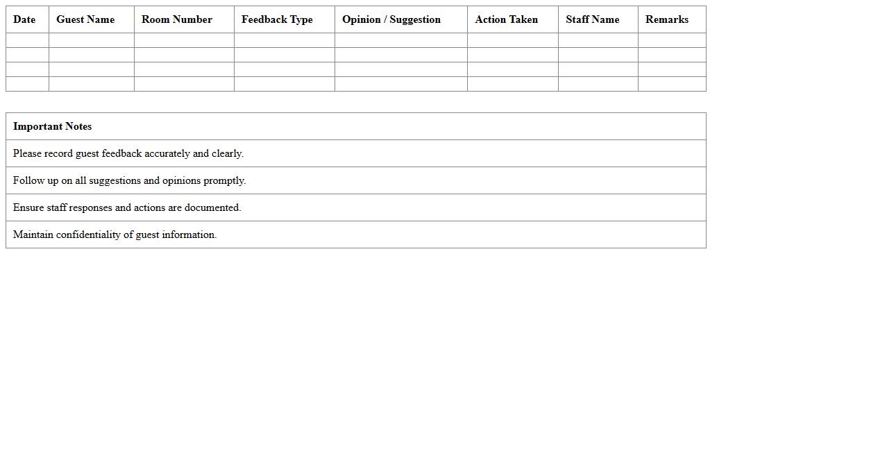 Guest Opinion and Suggestion Excel Form