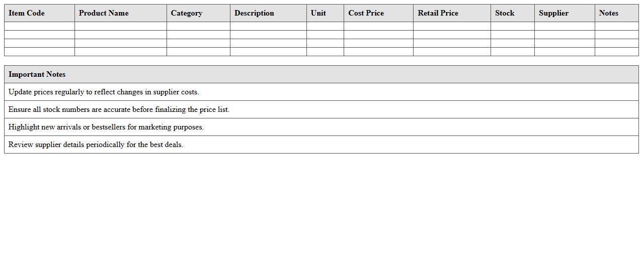 Home Decor Retail Price List Spreadsheet