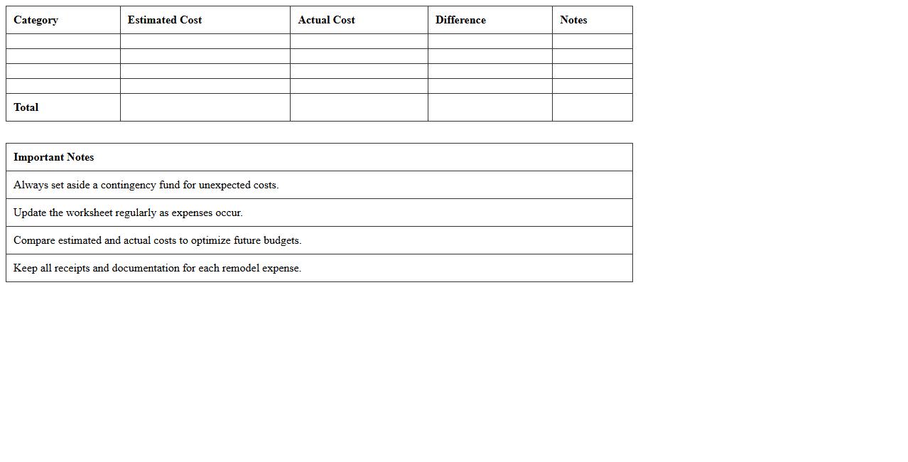 Home Remodel Budget Allocation Excel Worksheet