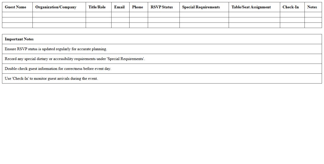 Hospitality Event Guest List Organizer Sheet