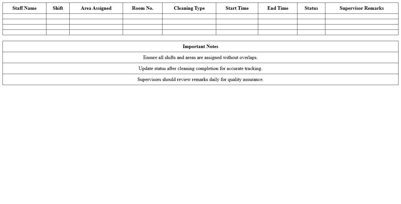 Housekeeping Staff Shift Cleaning Planner Excel Template
