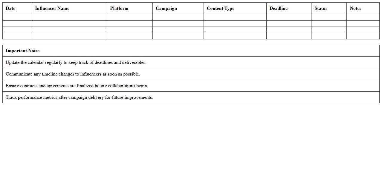 Influencer Collaboration Planning Excel Calendar