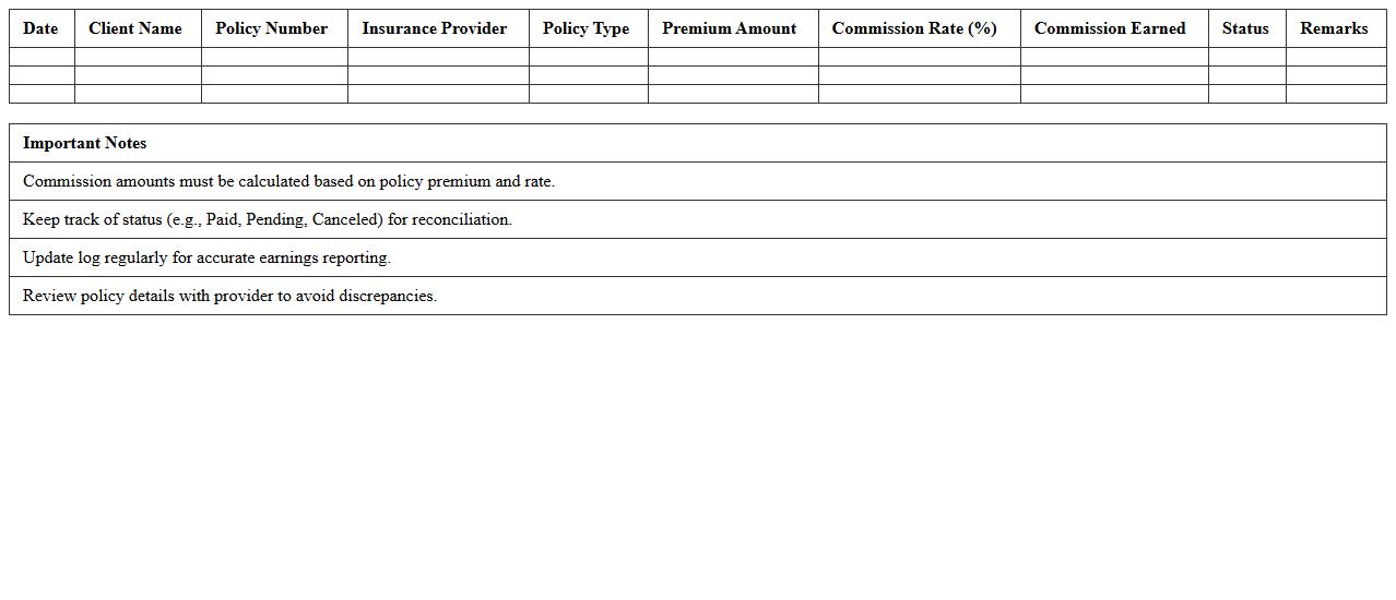Insurance Policy Sales Commission Excel Log