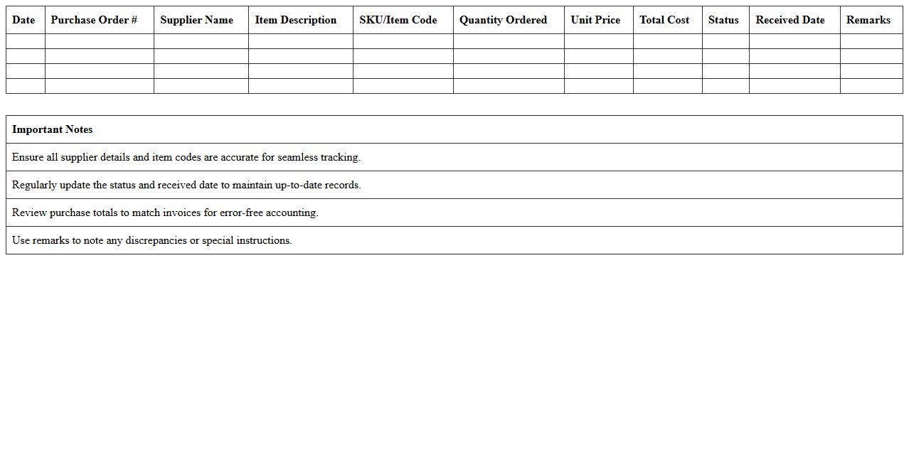 Inventory Purchase Record Excel Template for Suppliers