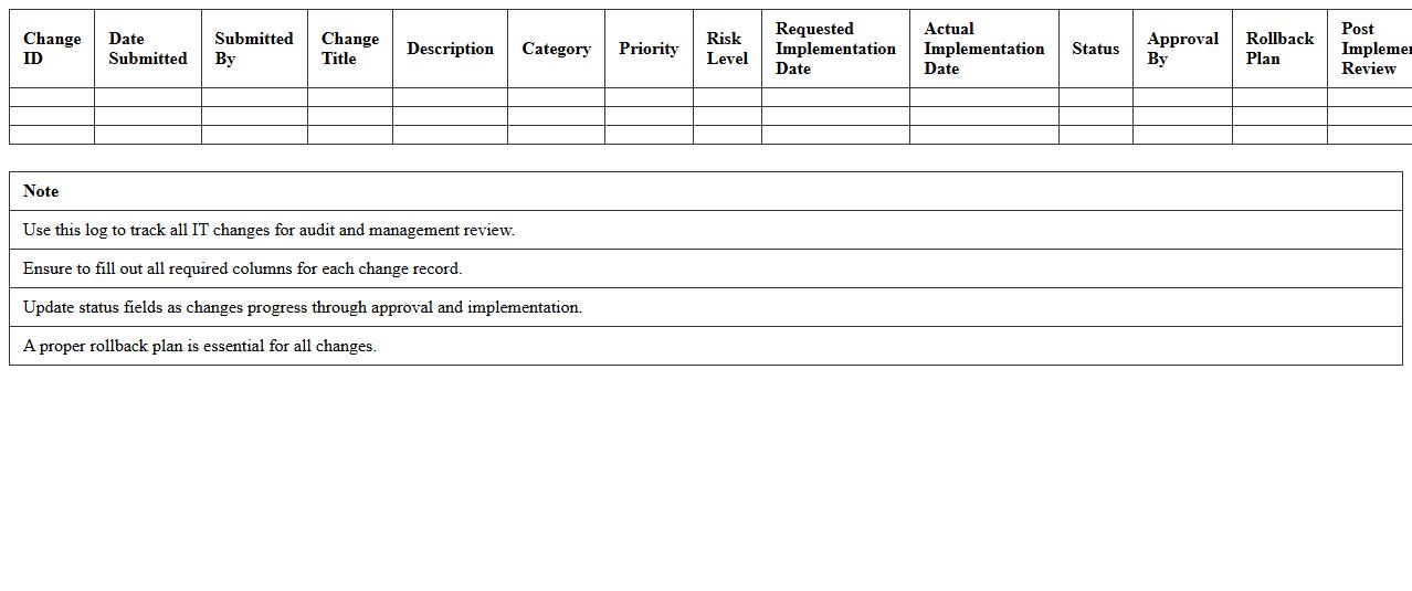 IT Change Management Log Excel Template