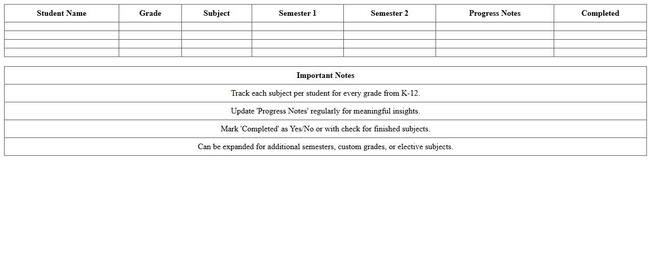 K-12 Subject Progression Tracking Excel Template