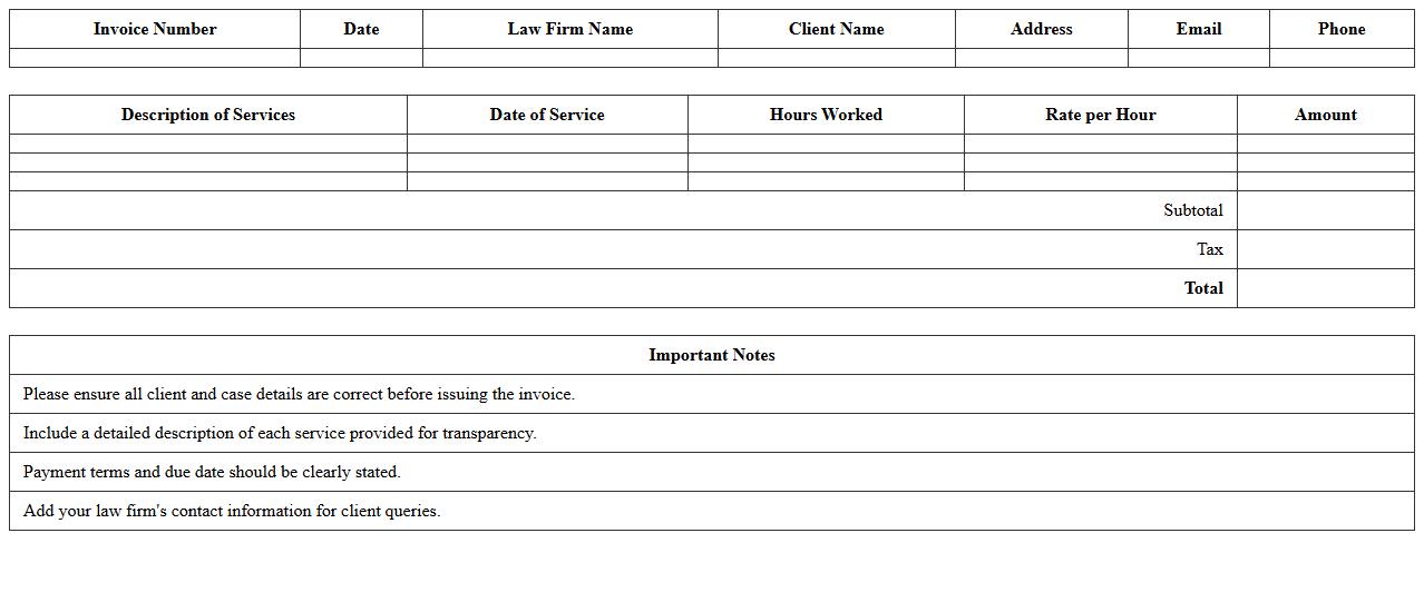 Law Firm Invoice Excel Template for Independent Legal Services