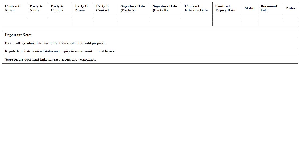 Legal Contract Signature & Party Details Excel Tracker