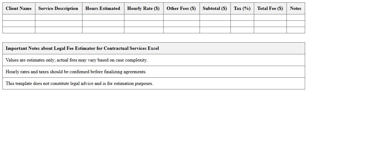 Legal Fee Estimator for Contractual Services Excel