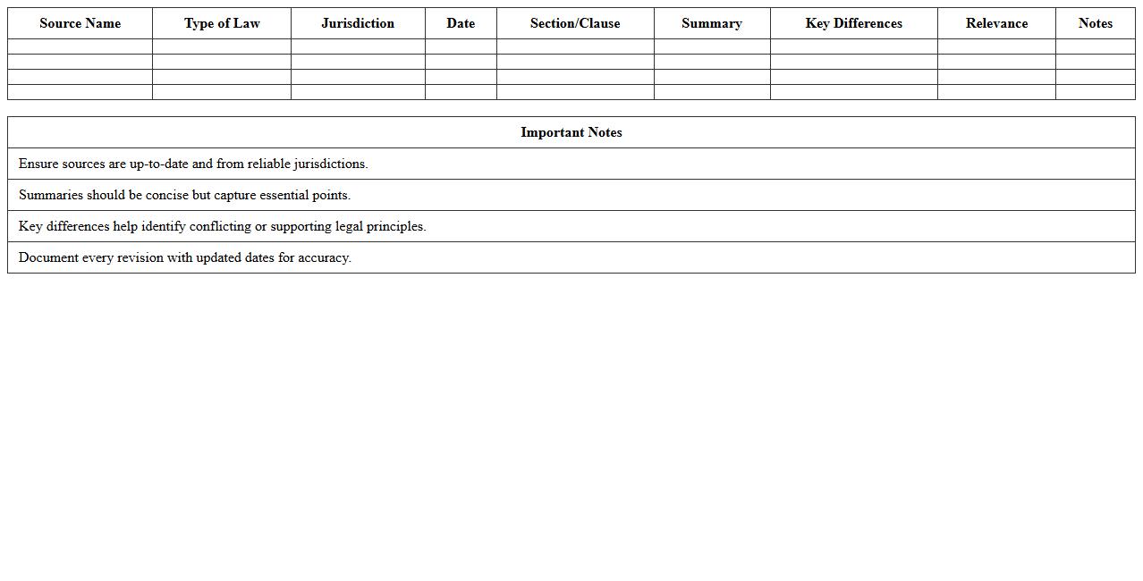 Legal Source Comparison Log Excel Template