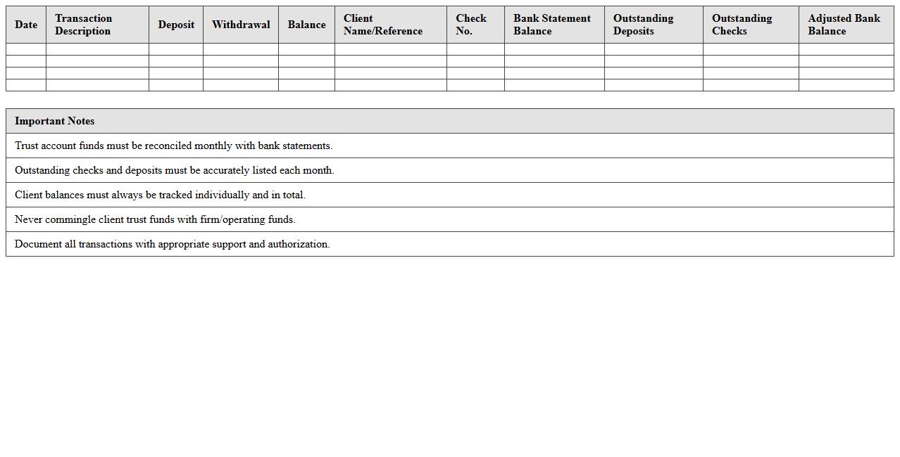 Legal Trust Account Reconciliation Spreadsheet
