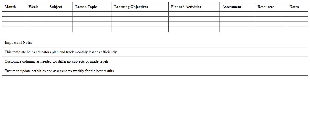 Monthly Lesson Overview Excel Template for Education