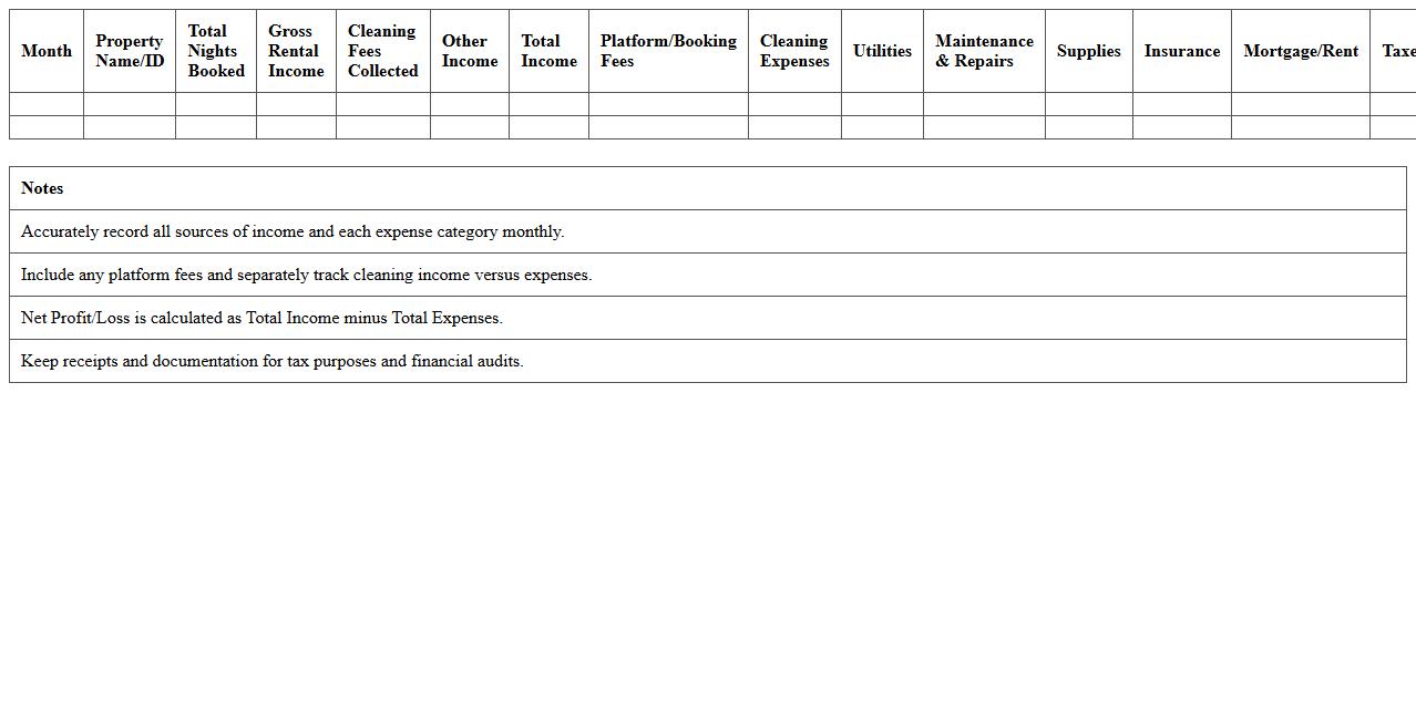 Monthly Short-Term Rental Profit and Loss Sheet