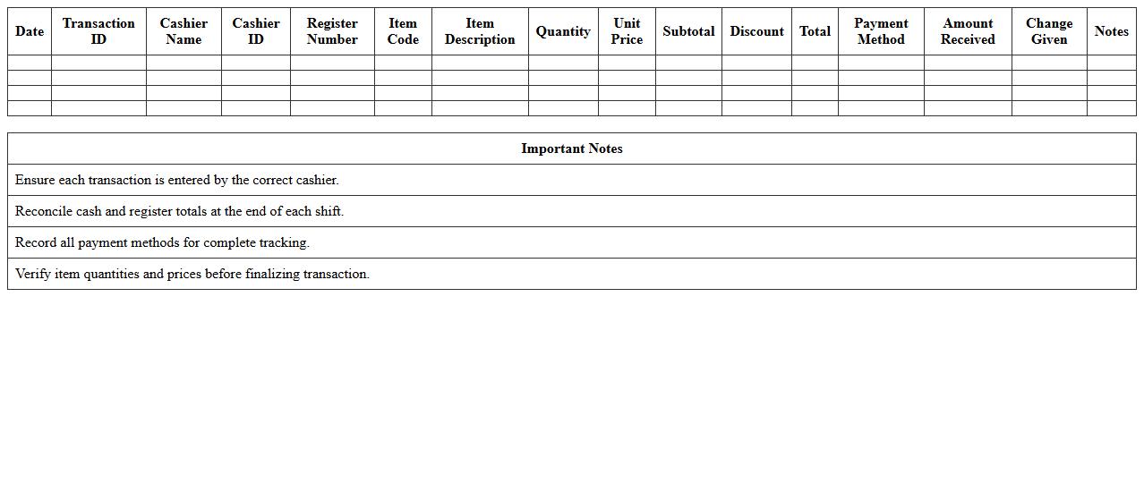 Multi-Cashier Retail Transaction Register Excel