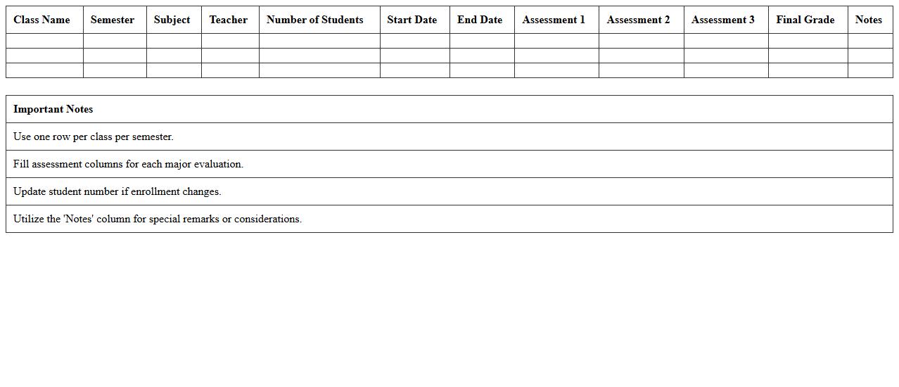 Multi-Class Semester Overview Excel Template
