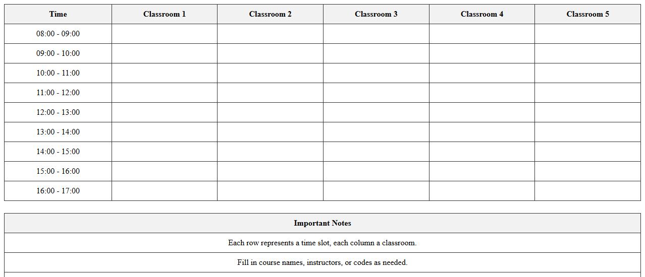 Multi-Classroom University Timetable Excel
