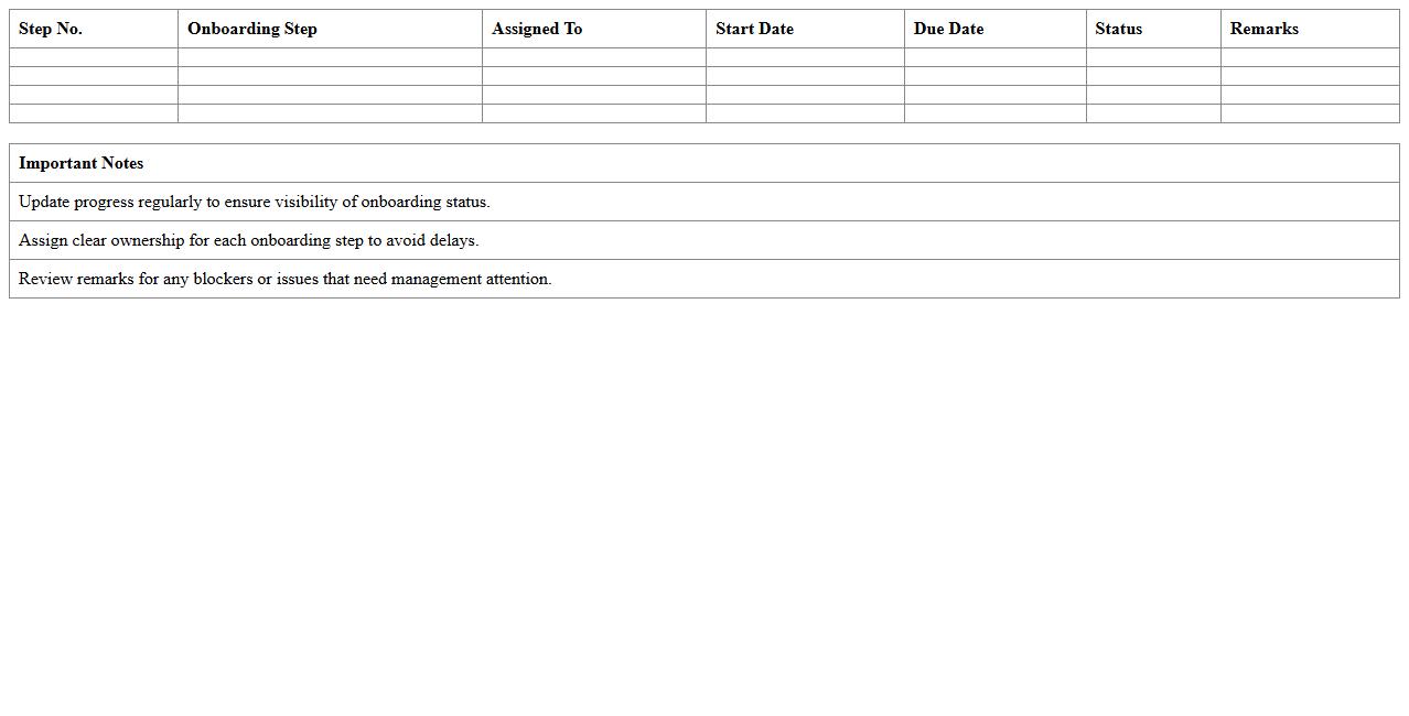 Onboarding Steps Progress Tracker Excel