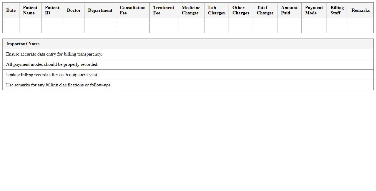 Outpatient Billing Record Excel Template for Clinics