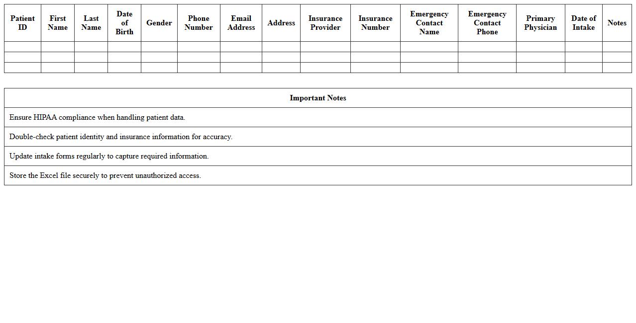 Patient Intake Data Collection Excel Template