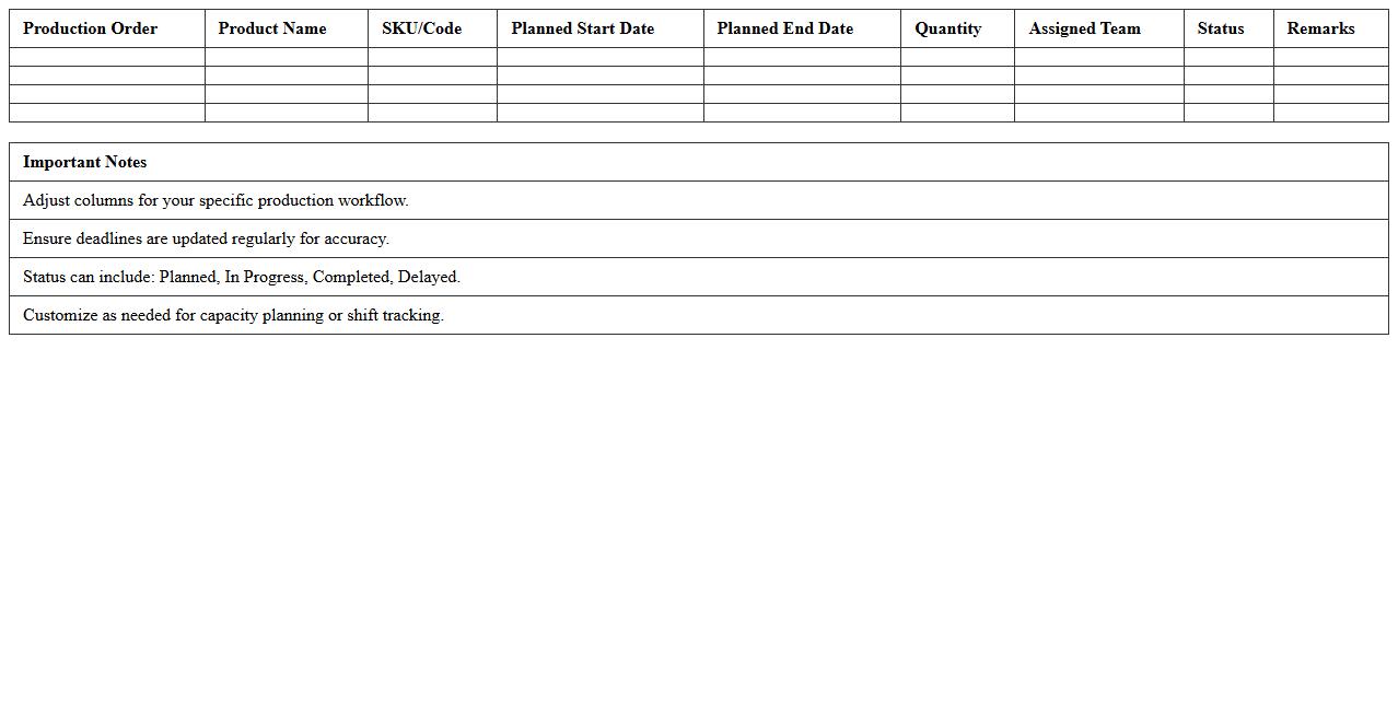 Production Schedule Planner Excel Template