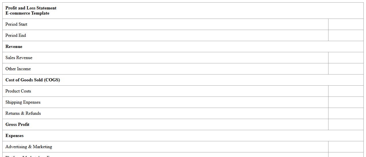 Profit and Loss Statement Excel Template for E-commerce