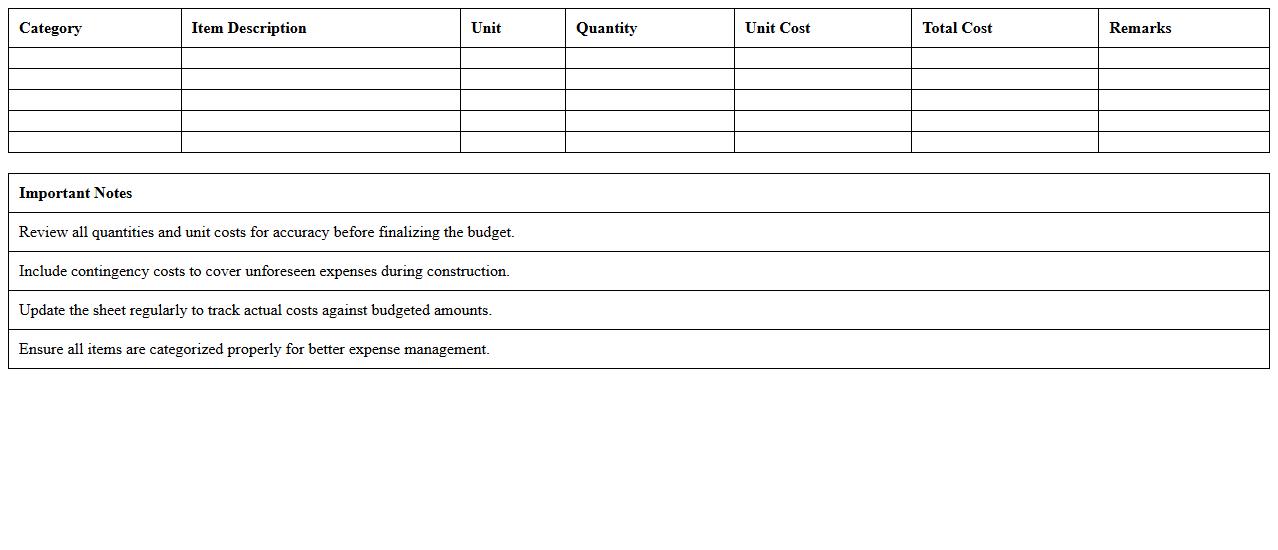 Project Budget Planning Excel Sheet for Construction