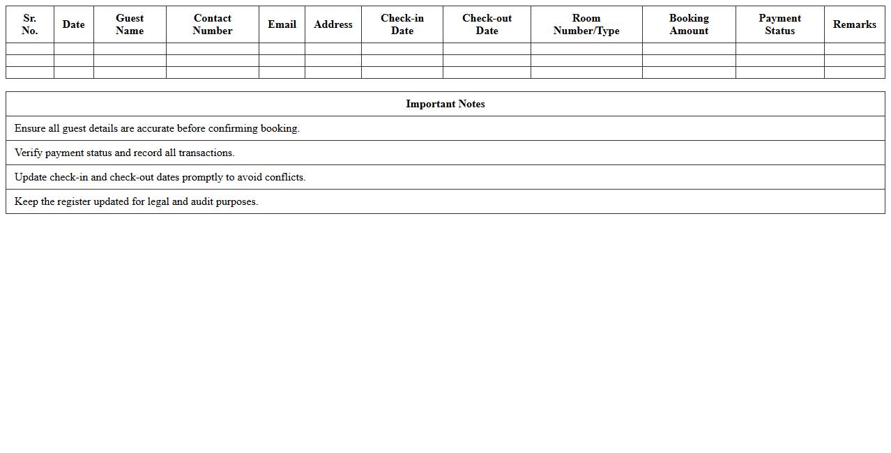 Rental Accommodation Booking Register Template