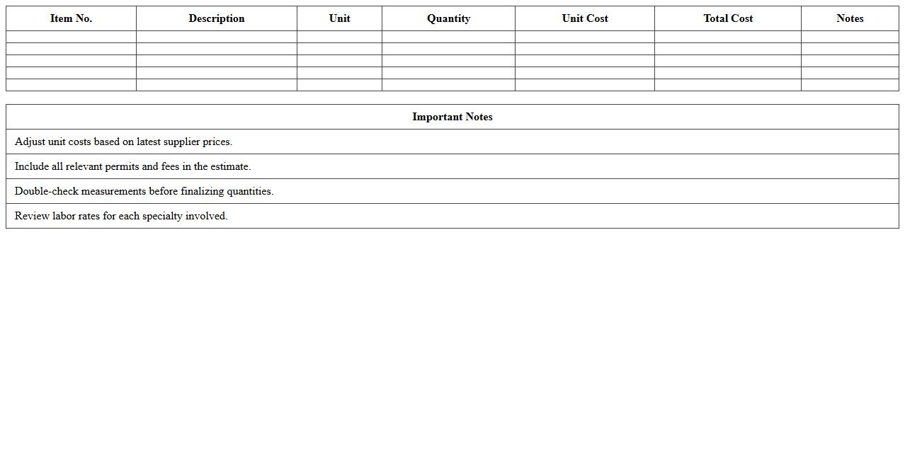 Residential Construction Bid Estimation Excel Template