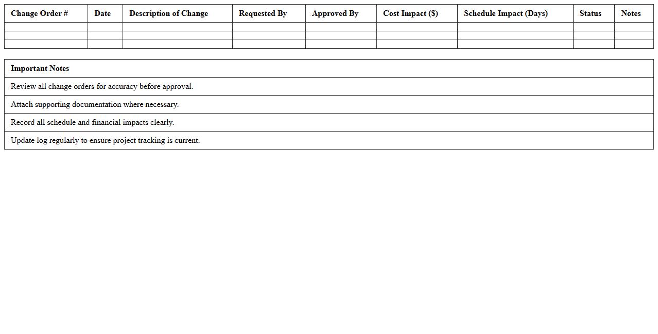 Residential Construction Change Order Log Excel Template