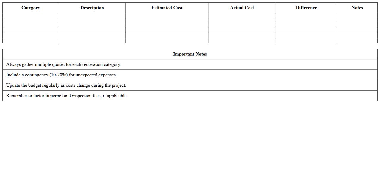 Residential Renovation Budget Calculator Excel