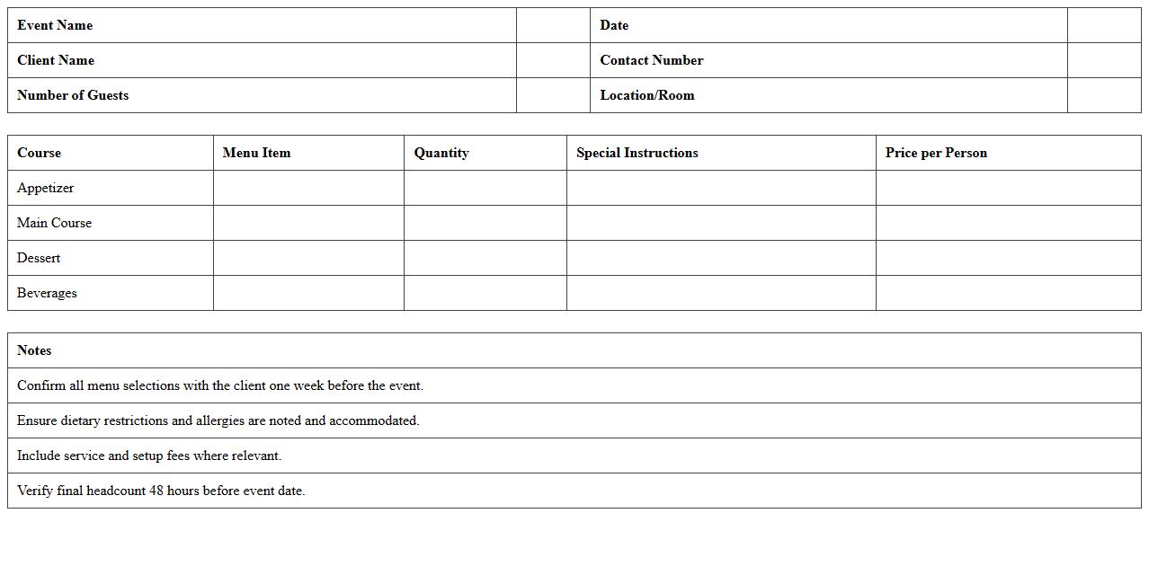Restaurant Special Event Menu Planner Excel