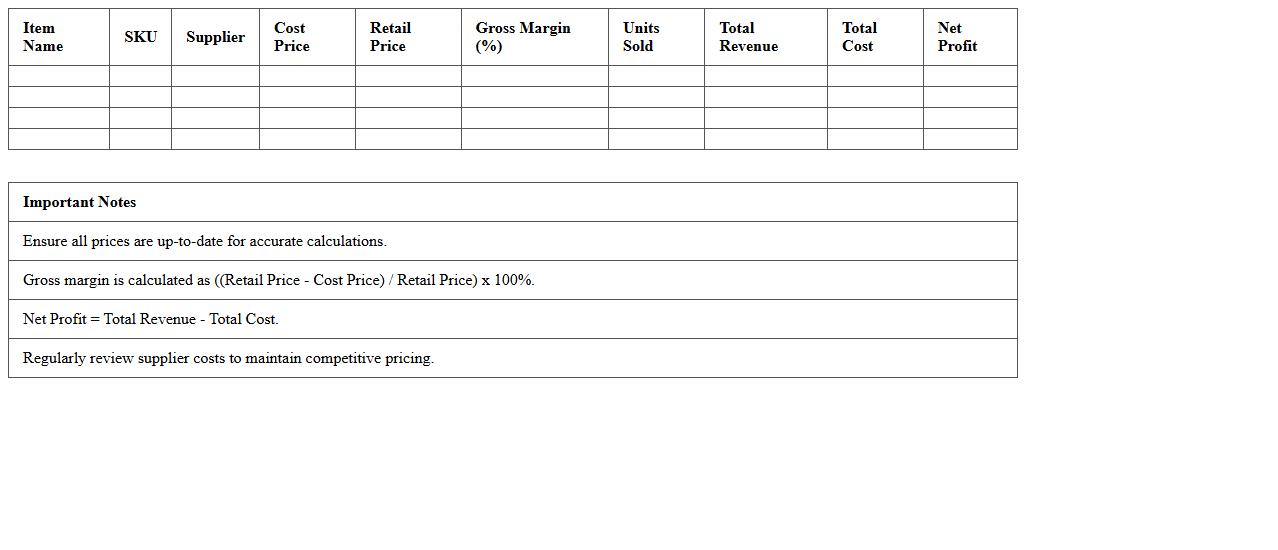 Retail Price & Cost Comparison Spreadsheet