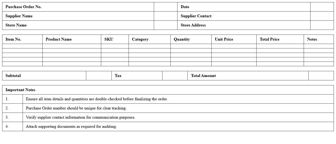 Retail Product Purchase Order Excel Template