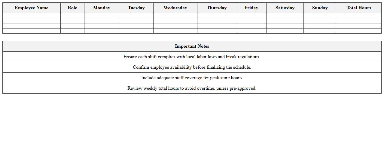Retail Store Employee Hourly Schedule Planner