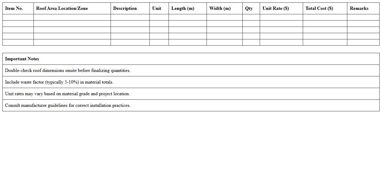 Roofing Material Takeoff and Cost Estimation Excel Sheet