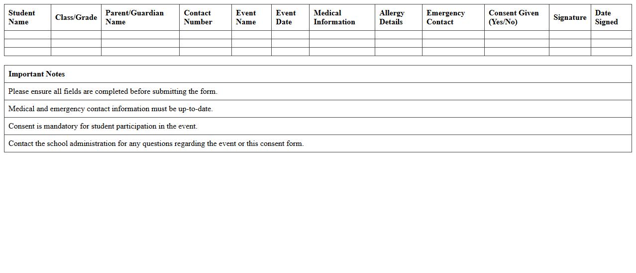 School Event Parental Consent Excel Template