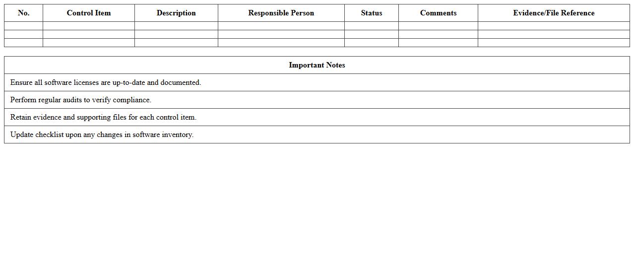 Software Compliance Control Checklist Excel