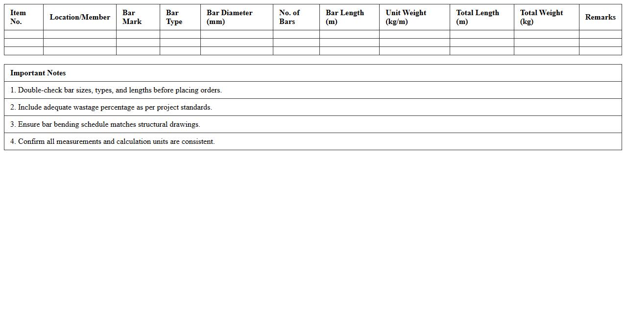 Steel Reinforcement Takeoff Sheet Excel Template